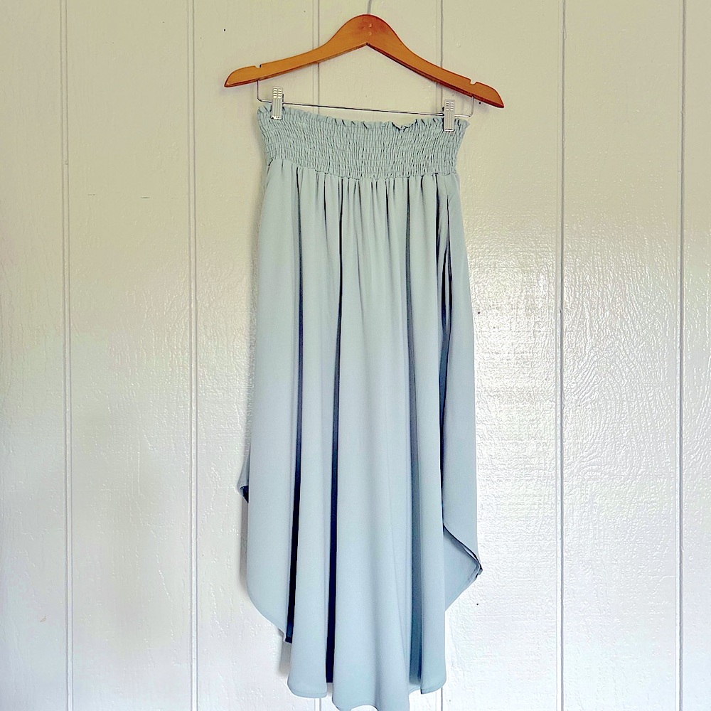 NWT Light Blue Flowy Asymmetrical Midi Skirt with Smocked Waist & Pockets